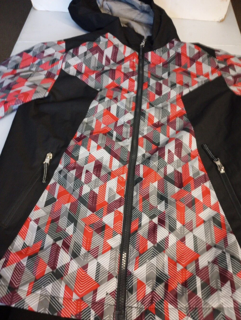 Lands' End Kids Geometric Hooded Red, Gray & Black Jacket Size Medium (10-12)
